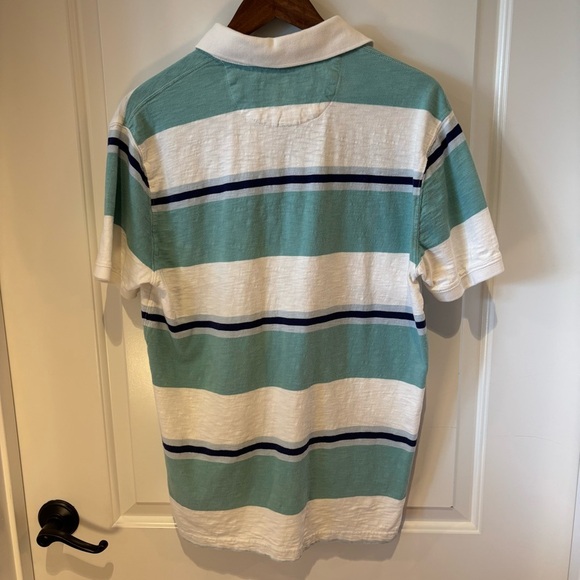 American Eagle 77 Green Blue White Striped Polo Shirt Sz M Preppy Y2K - Picture 3 of 5
